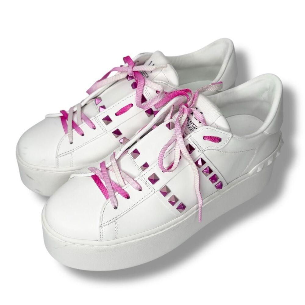 Valentino Garavani Rockstud Untitled Flatform Sneakers White Leather Pink 39
